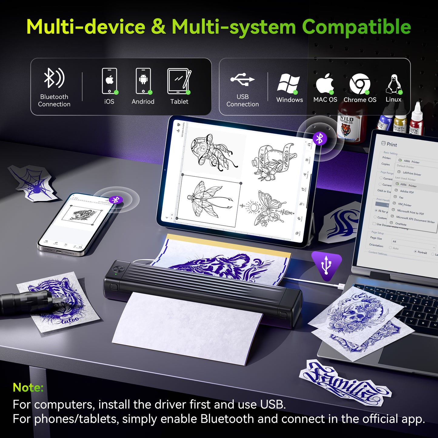 Itari Tattoo Printer Kit with 100 Pcs Transfer Paper, Thermal Tattoo Stencil Printer for Beginners, Bluetooth Stencil Printer for Tattoo Artist, Wireless Tattoo Machine Compatible with Phone/Tablet/PC