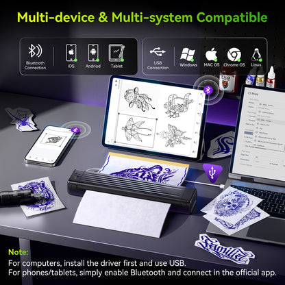 Itari Tattoo Printer Kit with 100 Pcs Transfer Paper, Thermal Tattoo Stencil Printer for Beginners, Bluetooth Stencil Printer for Tattoo Artist, Wireless Tattoo Machine Compatible with Phone/Tablet/PC