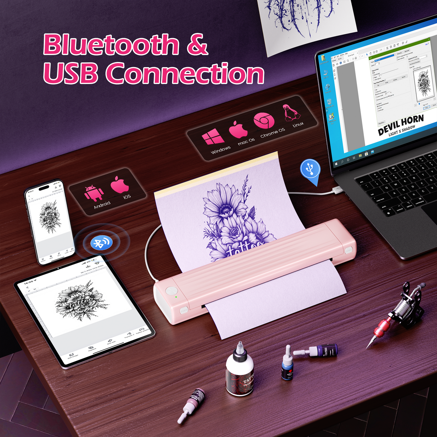 Itari A886 Tattoo Stencil Printer Kit for Beginners, Tattoo Printer with 10 Pcs Transfer Paper, Stencil Printer for Use with Tattoo Gun, Wireless Tattoo Machine Compatible with Phone/IPad/PC