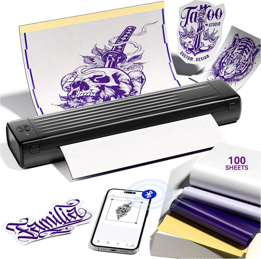 Itari Tattoo Printer Kit with 100 Pcs Transfer Paper, Thermal Tattoo Stencil Printer for Beginners, Bluetooth Stencil Printer for Tattoo Artist, Wireless Tattoo Machine Compatible with Phone/Tablet/PC